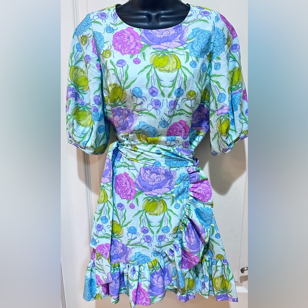 Emily McCarthy Floral Print Puff Sleeve side tie Dress size S - Picture 3 of 7